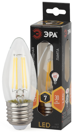 Лампа светодиодная Эра F-LED B35-7W-827-E27 (филамент, свеча, 7Вт, тепл, E27)