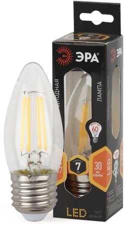 Лампа светодиодная Эра F-LED B35-7W-827-E27 (филамент, свеча, 7Вт, тепл, E27)