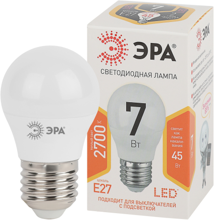Лампа светодиодная Эра LED P45-7W-827-E27 (диод, шар, 7Вт, тепл, E27)