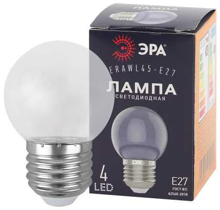 ERAWL45-E27  Лампочка светодиодная ЭРА STD ERAWL45-E27 E27 / Е27 1Вт шар прозрачный для белт-лайт