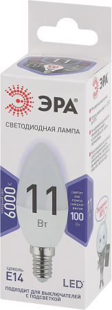 Лампа светодиодная Эра LED B35-11W-860-E14 (диод, свеча, 11Вт, хол, E14)