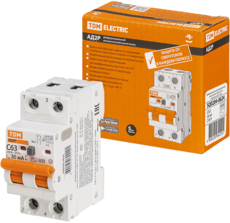 Диф.автомат АД2P 2Р С63 30мА 6кА тип АС TDM