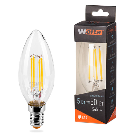 Лампа LED  WOLTA FILAMENT  C35 5Вт 545Лм E14 4000K 1/10/50