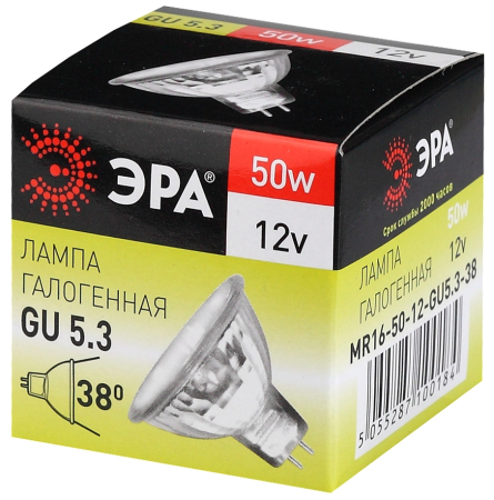 Лампа галогенная GU5.3-MR16-50W-12V-CL  ЭРА (галоген, софит, 50Вт, нейтр, GU5.3)