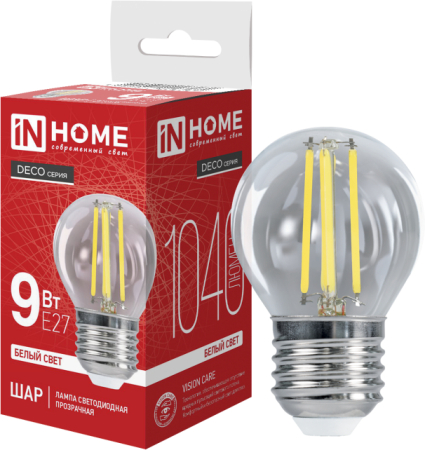 Лампа светодиодная LED-ШАР-deco 9Вт 230В Е27 4000К 810Лм прозрачная IN HOME