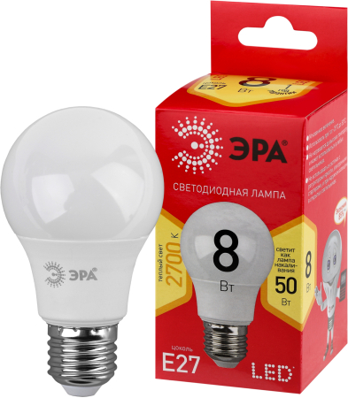 LED A55-8W-827-E27 R  Лампочка светодиодная ЭРА RED LINE LED A55-8W-827-E27 R Е27 / E27 8 Вт груша теплый белый свет