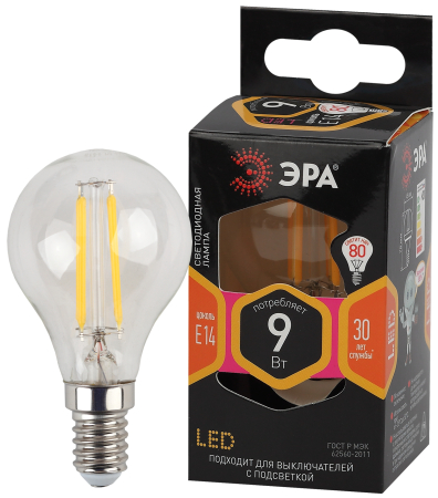 F-LED P45-9w-827-E14 ЭРА (филамент, шар, 9Вт, тепл, E14) (10/100/4000)