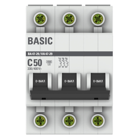 Автоматический выключатель 3P 50А (C) 4,5кА ВА 47-29 EKF Basic