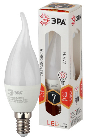 Лампа светодиодная Эра LED BXS-7W-827-E14 (диод, свеча на ветру, 7Вт, тепл, E14)