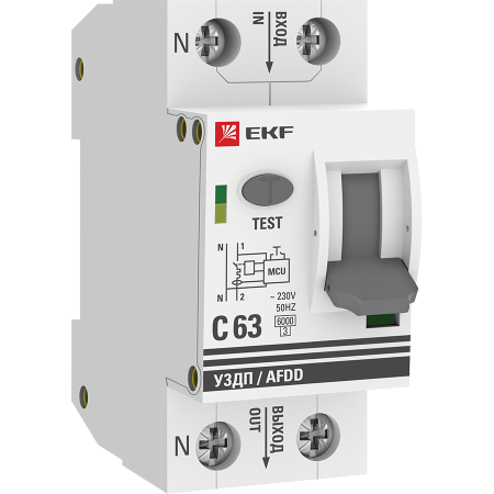 Устройство защиты от дугового пробоя (УЗДП) с автоматическим выключателем 1P+N 63А (C) 6кА EKF PROxi