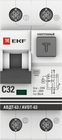 Дифференциальный автомат АВДТ-63 32А/30мА (характеристика С, электронный, тип А) 6кА EKF PROxima