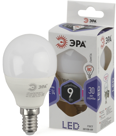 Лампа светодиодная Эра LED P45-9W-860-E14 (диод, шар, 9Вт, хол, E14)
