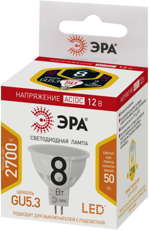 Лампочка светодиодная ЭРА STD LED MR16-8W-12V-827-GU5.3 GU5.3 8 Вт софит теплый белый свет