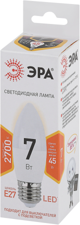 Лампа светодиодная Эра LED B35-7W-827-E27 (диод, свеча, 7Вт, тепл, E27),