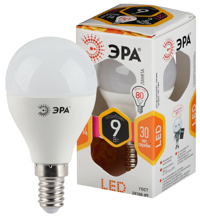 Лампа светодиодная Эра LED P45-9W-827-E14 (диод, шар, 9Вт, тепл, E14)