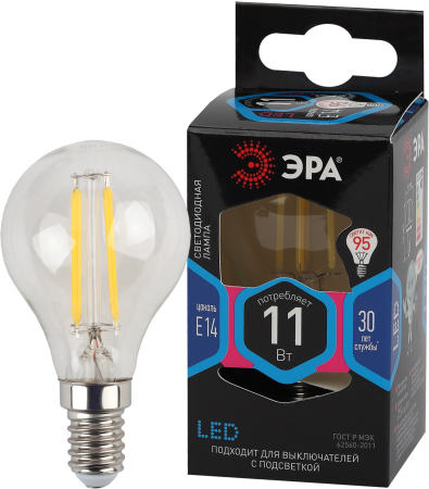 F-LED P45-11w-840-E14 ЭРА (филамент, шар, 11Вт, нейтр, E14) (10/100/4000)