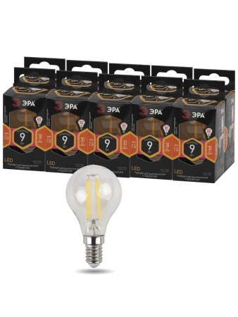 F-LED P45-9w-827-E14 ЭРА (филамент, шар, 9Вт, тепл, E14) (10/100/4000)