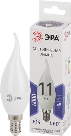 Лампа светодиодная Эра LED BXS-11W-860-E14 (диод, свеча на ветру, 11Вт, хол, E14)