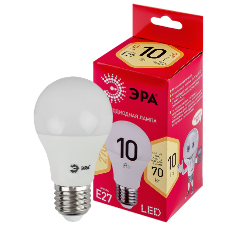 LED A60-10W-827-E27 R ЭРА (диод, груша, 10Вт, тепл, E27) (10/100/2000)
