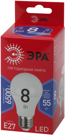LED A60-8W-865-E27 R ЭРА (диод, груша, 8Вт, хол, E27) (10/100/1500)