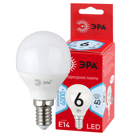 LED P45-6W-840-E14 R  Лампочка светодиодная ЭРА RED LINE LED P45-6W-840-E14 R E14 / Е14 6Вт шар нейтральный белый свет