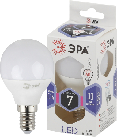Лампа светодиодная Эра LED P45-7W-860-E14 (диод, шар, 7Вт, хол, E14)