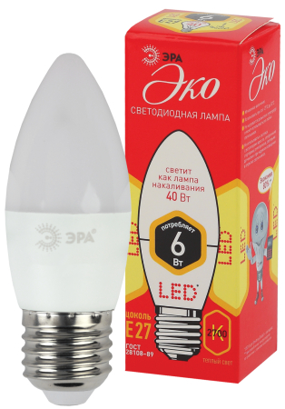 Лампа светодиодная Эра ECO LED B35-6W-827-E27 (диод, свеча, 6Вт, тепл, E27)