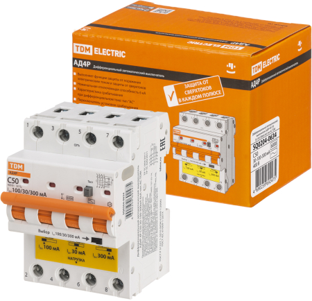 Диф.автомат АД4P 4Р С50 30-100-300мА 6кА тип АС TDM