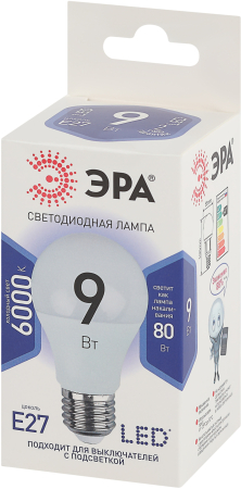 LED A60-9W-860-E27 ЭРА (диод, груша, 9Вт, хол, E27) (10/100/1500)