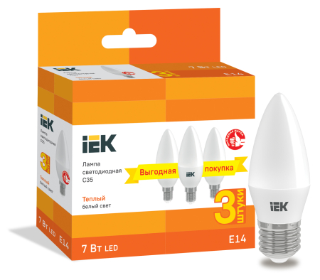 Лампа LED C35 свеча 7Вт 230В 3000К E14 (3шт/упак) IEK
