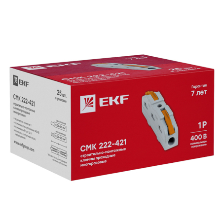 Строительно-монтажная клемма СМК 222-421 проходная 1 полюс 0,08-4мм2 (25шт.) EKF PROxima