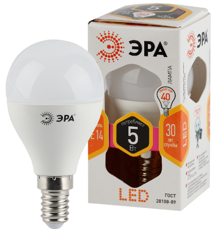 Лампа светодиодная Эра LED P45-5W-827-E14 (диод, шар, 5Вт, тепл, E14)