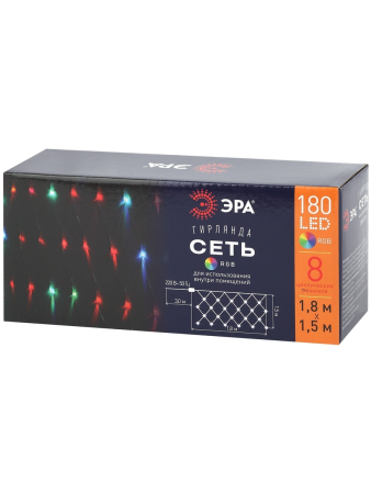 Гирлянды ENIS-01R  ЭРА Гирлянда LED Сеть 1,8 м*1,5 м RGB 8 режимов, 220V, IP20