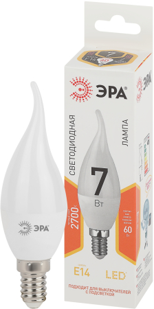 Лампа светодиодная Эра LED BXS-7W-827-E14 (диод, свеча на ветру, 7Вт, тепл, E14)