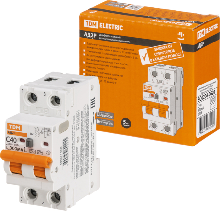 Диф.автомат АД2P 2Р С40 300мА 6кА тип АС TDM