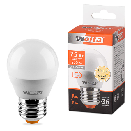 Лампа LED WOLTA G45 8Вт 800Лм Е27 3000К   1/50