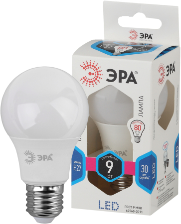 Лампы СВЕТОДИОДНЫЕ СТАНДАРТ LED A60-9W-840-E27  ЭРА (диод, груша, 9Вт, нейтр, E27)