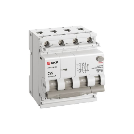 Автоматический выключатель дифференциального тока селективный АВДТ-63N (S) 3P+N 25А 300мА характеристика C тип AC электромеханический 6кА PROXIMA EKF