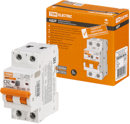 Диф.автомат АД2P 2Р С32 300мА 6кА тип АС TDM