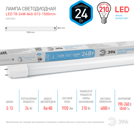 Лампа светодиодная Эра LED T8-24W-840-G13-1500mm (диод,трубка стекл,24Вт,нейтр,пов. G13)
