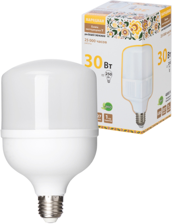 Лампа светодиодная T-30 Вт-230 В-4000 К–E27 (99x168 мм) НАРОДНАЯ