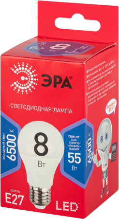 LED A60-8W-865-E27 R ЭРА (диод, груша, 8Вт, хол, E27) (10/100/1500)