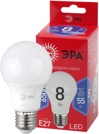 LED A60-8W-865-E27 R ЭРА (диод, груша, 8Вт, хол, E27) (10/100/1500)