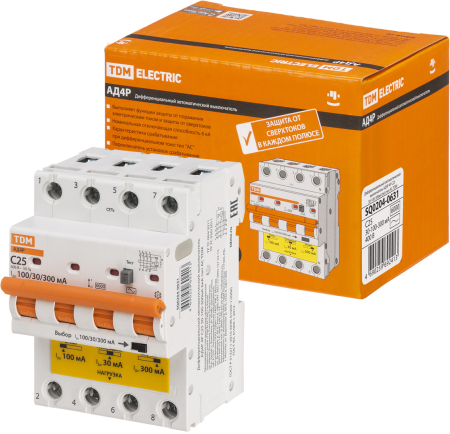 Диф.автомат АД4P 4Р С25 30-100-300мА 6кА тип АС TDM