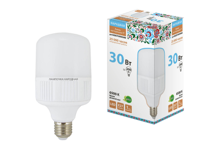 Лампа светодиодная T-30 Вт-230 В-6500 К–E27(100x178 мм) Народная