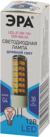 Лампочка светодиодная ЭРА STD LED JC-5W-12V-CER-840-G4 G4 5Вт керамика капсула нейтральный белый свет