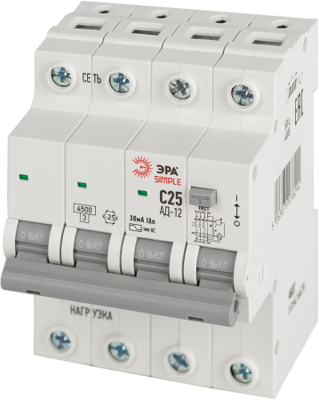 D12E4C25AC30  АВДТ 4,5кА ЭРА SIMPLE D12E4C25AC30 АД-12 электронное 3P+N С25 30мА тип АС