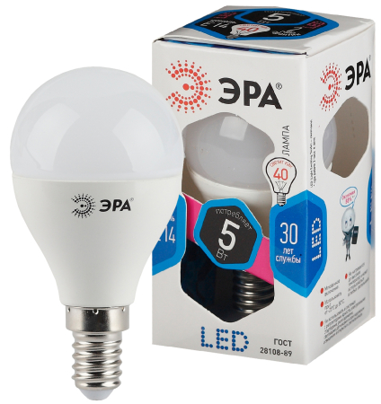 Лампа светодиодная Эра LED P45-5W-840-E14 (диод, шар, 5Вт, нейтр, E14)