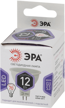 LED MR16-12W-860-GU5.3 ЭРА (диод, софит, 12Вт, холод, GU5.3) (10/100/4200)