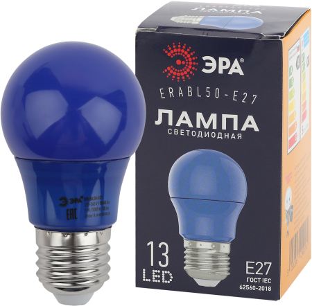 ERABL50-E27 ЭРА LED A50-3W-E27 ЭРА (диод. груша син., 13SMD, 3W, E27, для белт-лайт) (10/100/3600)